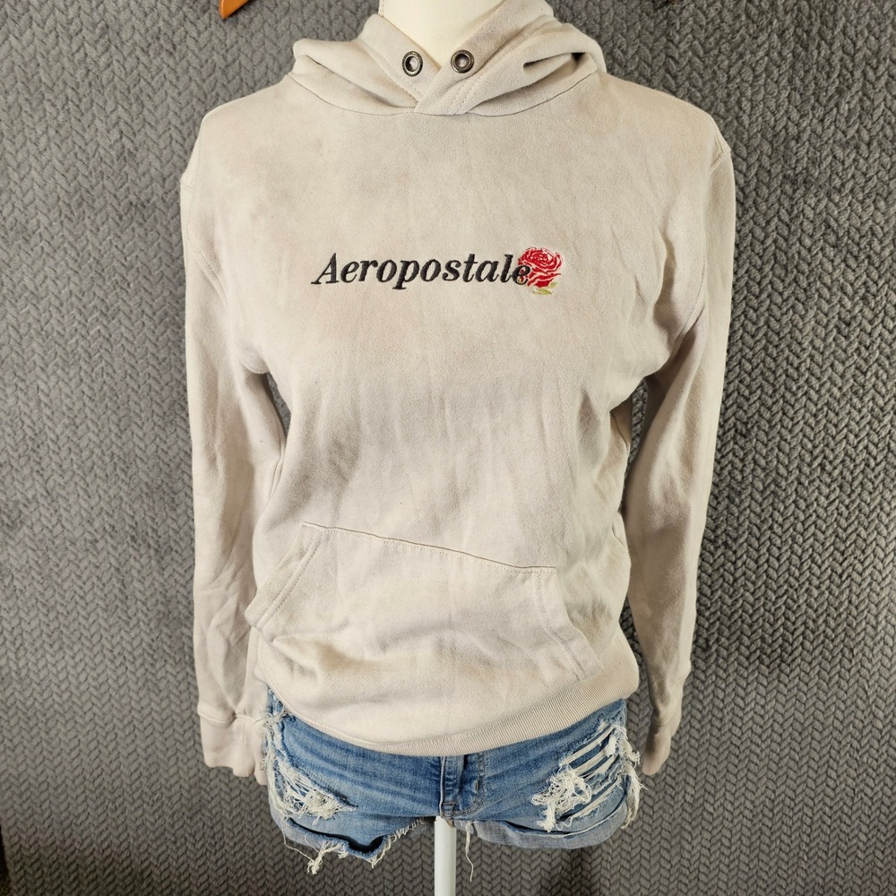 Aeropostale Womens XS Tan‎ Rose Logo Pullover Hoodie Sweatshirt Fleece Lined